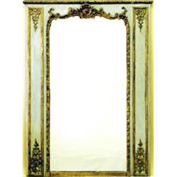 LOUIS XVI PAINTED AND GILT MIRROR, French. Late 18th Century. The two part mirror plate surroun...