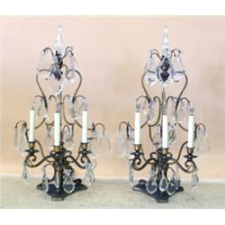 PAIR OF REGENCY STYLE GILT BRONZE AND GLASS THREE LIGHT CANDELABRA, 19th Century. Each triangul...