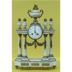 EMPIRE STYLE GILT BRONZE MOUNTED WHITE MARBLE MANTEL CLOCK, French. 19th Century. Movement stam...
