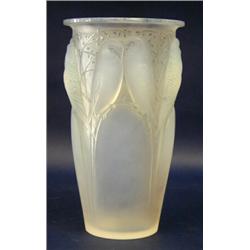 R. LALIQUE MOLDED OPALESCENT AND BLUE STAINED "CEYLAN" VASE, French. Circa 1924. Engraved R. La...