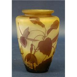 GALL+ CAMEO GLASS VASE, French. Circa 1900. Signed in cameo Galle. The yellow and gray overlaid...