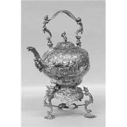 GEORGE III STERLING SILVER CHINOISERIE KETTLE ON STAND, English. London. Circa 1765. Makers: Pr...