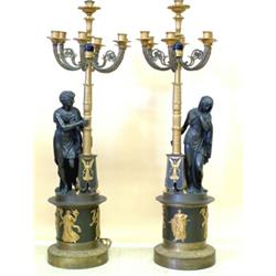 GOOD PAIR OF EMPIRE GILT AND PATINATED BRONZE FIGURAL SEVEN LIGHT CANDELABRA, French. 19th Cent...