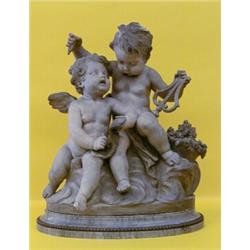 GOOD PAINTED TERRA COTTA FIGURAL GROUP, French. Late 19th Century. In the manner of Clodion. De...