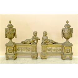 GOOD PAIR OF LOUIS XV STYLE GILT BRONZE CHENETS, French. 19th Century. Each pierced rectangular...