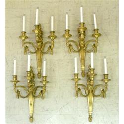 VERY FINE AND RARE SET OF FOUR LOUIS XVI STYLE GILT BRONZE THREE LIGHT BRAS DE LUMIERES, French...
