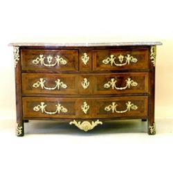 FINE REGENCY GILT BRONZE MOUNTED PARQUETRY COMMODE, French. 18th Century. With a serpentine fro...