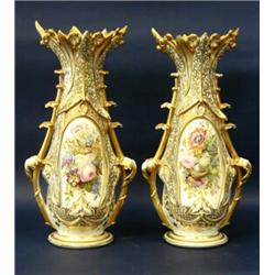 GOOD PAIR OF OLD PARIS PORCELAIN VASES, French. 19th Century. Of tapering form with leaf shaped...