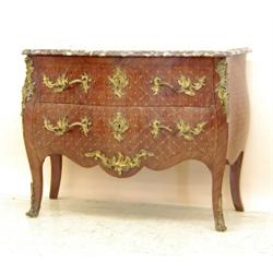 FINE PAIR OF LOUIS XV STYLE GILT BRONZE MOUNTED KINGSWOOD PARQUETRY COMMODES, French. 19th Cent...