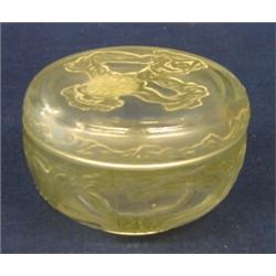 LALIQUE MOLDED AND GREEN STAINED BOX AND COVER, French. Circa 1948. Molded Lalique, Depose. Cot...