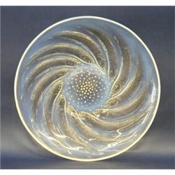 R. LALIQUE MOLDED OPALEXCENT "POISSONS" DISH, French. Circa 1932. Molded R. Lalique. Diameter 1...