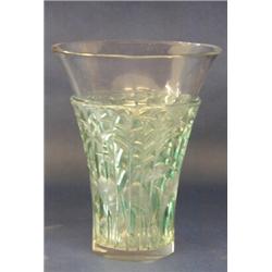 R. LALIQUE MOLDED CLEAR AND GREEN STAINED "IBIS" VASE, French. Circa 1934. Engraved R. Lalique,...