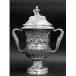 RARE GEORGE II STERLING SILVER TWO HANDLED CUP AND COVER, English. London. 1732. Maker: John Le...