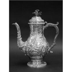 GEORGE II STERLING SILVER COFFEE POT, English. London. 1757. Maker: Thomas Wright. Of baluster...