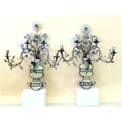UNUSUAL PAIR OF GLASS AND METAL FIVE LIGHT SCONCES, 19th Century. Each urn form backplate compo...