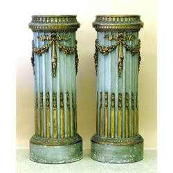 PAIR OF NEO-CLASSICAL STYLE CARVED AND PAINTED PARCEL GILTWOOD PEDESTALS, Italian. Late 19th Ce...