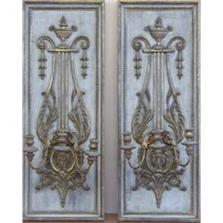 PAIR OF NEO-CLASSICAL STYLE CARVED, PAINTED AND GILTWOOD THREE LIGHT WALL SCONCES, Italian. Eac...