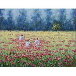 URSULA VAN LACH (English. Born 1949), "Children in Poppy Field". Signed Van Lach l/r., Oil on...
