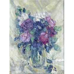 MERRE (German. 20th Century), "Roses in a Glass Vase". Signed Merre l/l., Oil on Canvas. Meas...