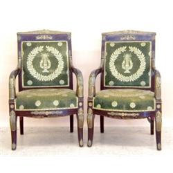 PAIR OF EMPIRE STYLE GILT BRONZE MOUNTED PARCEL GILT MAHOGANY FAUTEUILS, French. Late 19th Cent...