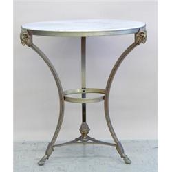 EMPIRE STYLE GILT BRONZE GUERIDON, The circular white and gray marble top on tripod supports wi...