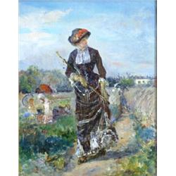 EDUARDO LEON GARRIDO (Spanish. 1856-1949),  Elegant Ladies in the Meadow . Signed E.L. Garrido...