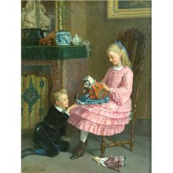 LEOPOLD FLAMENG (French. 1831-1911), "Young Boy and Girl Dressing Up the Cat". Signed Leop. Fla...
