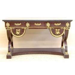 EMPIRE STYLE GILT BRONZE MOUNTED MAHOGANY MARBLE TOP DESK, French. Late 19th Century. The recta...