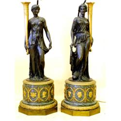 PAIR OF EMPIRE STYLE GILT, PATINATED BRONZE AND MARBLE FIGURAL CANDLEABRA/LAMPS, French. Late 1...
