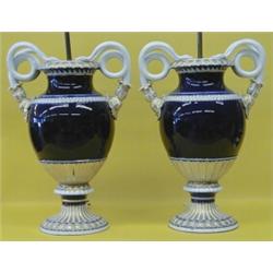 PAIR OF MEISSEN PORCELAIN URNS, German. 19th Century. Underglazed blue crossed swords and incis...