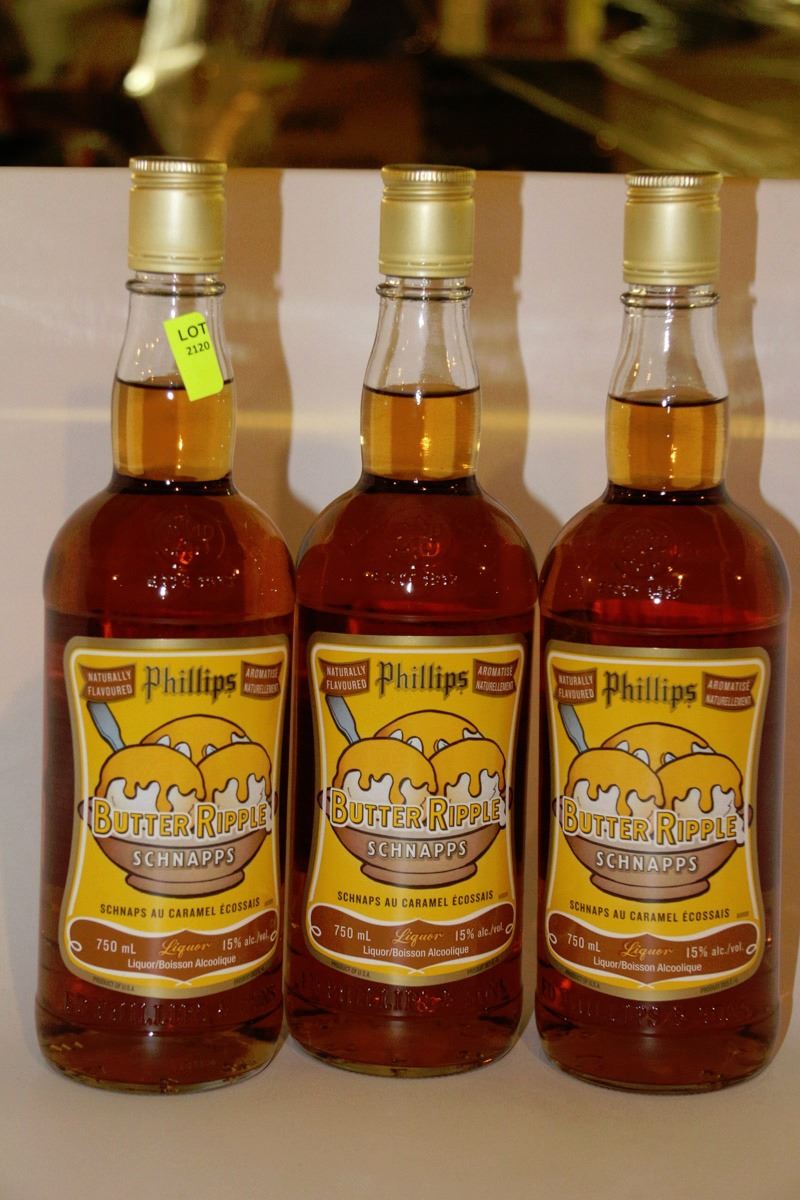 3 BOTTLES OF PHILLIPS BUTTER RIPPLE SCHNAPPS