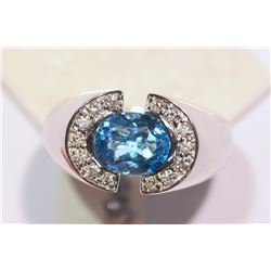 14KT GOLD BLUE TOPAZ, DIAMOND RING