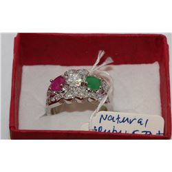 NATURAL RUBY + EMERALD + CUBIC ZIRCONIA RING