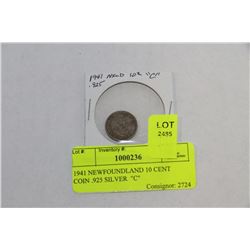 1941 NEWFOUNDLAND 10 CENT  COIN .925 SILVER  "C"