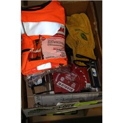 TRAY OF JOHN DEERE GLOVES, LEVELS, BLADES, SAFETY