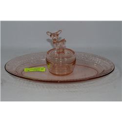 PINK PLATTER W/ DERESSION GLASS DEER TRINKET BOX