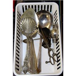 TRAY OF SILVERWARE AND COLLECTIBLE SPOONS