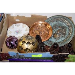 TRAY OF PLATES, PLATTERS, CANDLE HOLDERS