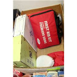 BOX WITH FIRST AID KITS, BOXES AND SUPPLIES