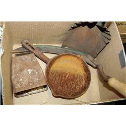 VINTAGE CAST IRON FRYING PAN, COAL SHOVEL & SICKLE