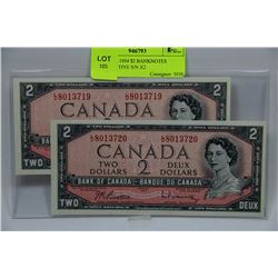 GEM UNC 1954 $2 BANKNOTES CONSECUTIVE S/N X2
