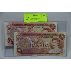 UNC 1974 $2 BANKNOTES CONSECUTIVE S/N X2
