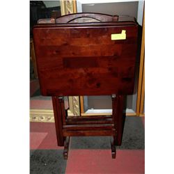 SET OF FOUR WOODEN TV TRAYS WITH STAND