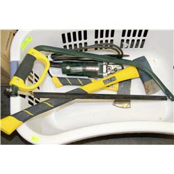 BIN WITH 24" BAW SAW, HATCHET, GRINDER AND AXE