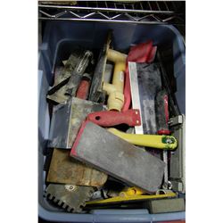 TOTE OF ASSORTED DRY WALL TOOLS