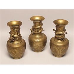 Three Antique Chinese Engraved Brass Vases