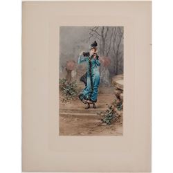 Antique Print VICTORIAN WOMAN IN THE RAIN Kaemmerer