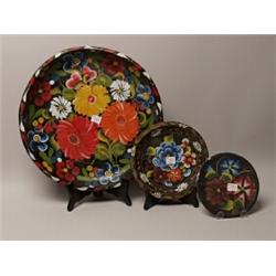 3 Floral Painted Carved Wood Bowls