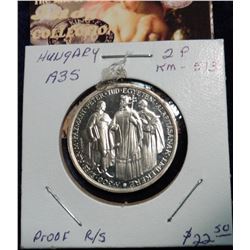 1935BP Hungary 2 Pengo. Proof. KM 513. Proof R/S.  Very Rare with a mintage of 50,000. Silver.