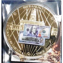 2010 American Mint Medal - Benjamin Franklin $100 Banknote. Material: Cu, layered in 24k Gold; Quali